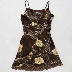Y2K C.D.C CAREN DESIRÉE COMPANY Brown Floral Mini Slip Dress Lace Trim Size 6